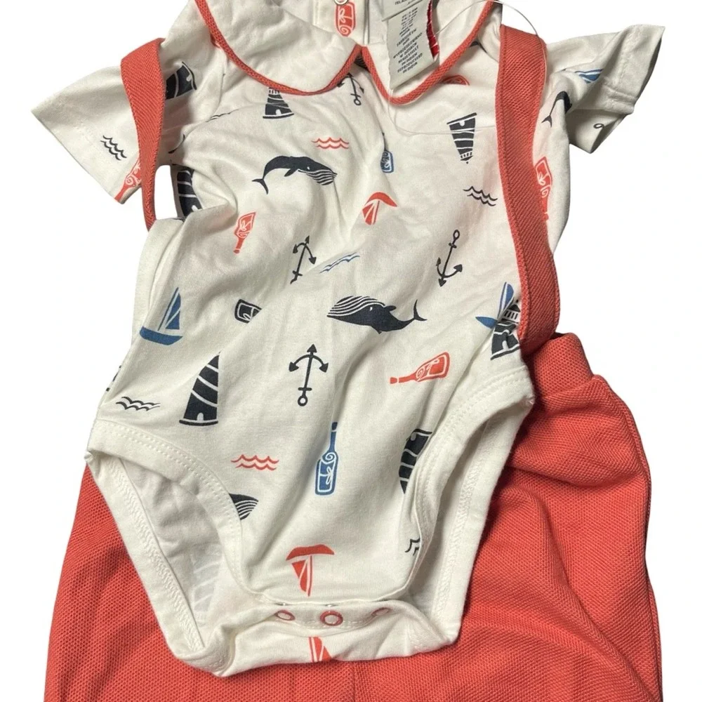 NWOT Caribbean Joe Baby Boy Nautical Bodysuit and Suspender Shorts Set 3-6 Month